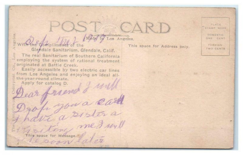 GLENDALE, CA California ~ Glendale SANITARIUM 1909 Los Angeles County Postcard