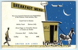 UNITED AIRLINES Milkman Milk Wagon BREAKFAST MENU Chef Frank Hurliman Postcard