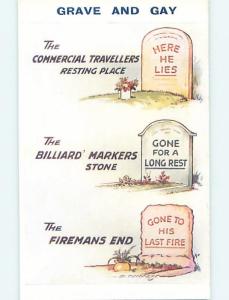 Bamforth comic GRAVE AND GAY - THREE TOMBSTONES AT CEMETERY SHOWN HL3302@