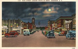 Vintage Postcard Main Street Looking South At Night Anderson South Carolina SC
