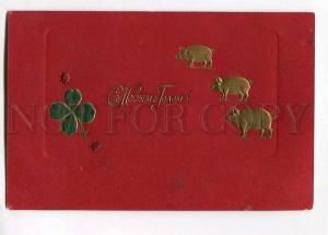 258252 Russia NEW YEAR PIGS clover Vintage embossed postcard