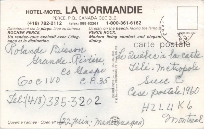 Perce QC La Normandie Hotel Motel Postcard D64