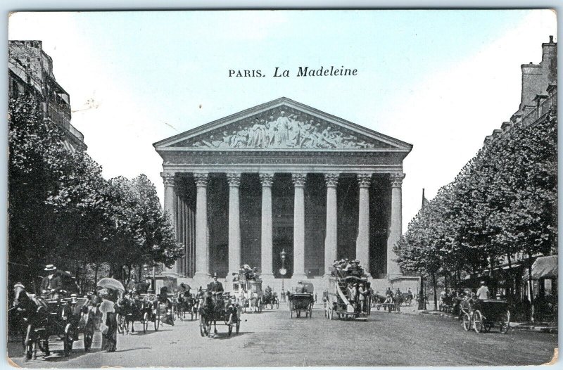 c1900s Paris, France La Madeleine Church Neoclassical Horse Carriages Busy A359