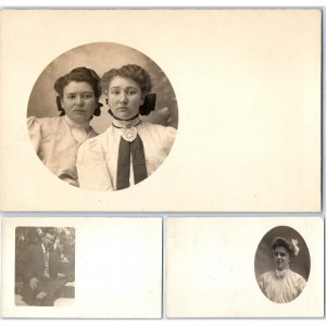 x3 LOT c1910s Partial Portrait RPPC Cute Young Ladies Gentleman Real Photo A176