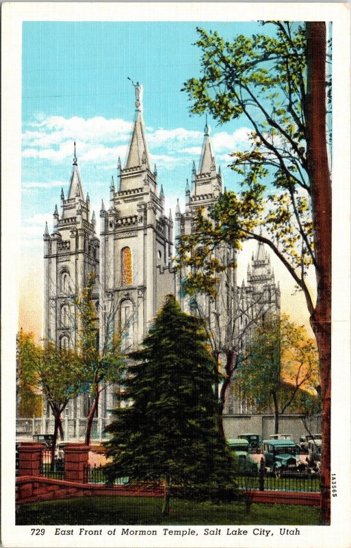 E Front Mormon Temple Salt Lake City Utah UT Linen Postcard VTG UNP Curt Teich 