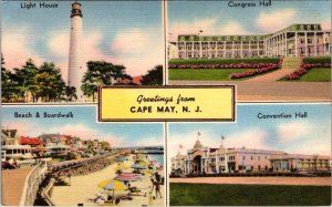 Cape May, NJ New Jersey  GREETINGS Light House~Beach/Boardwalk++  LINEN Postcard