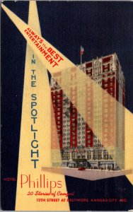 Linen Postcard Hotel Phillips 12th Street at Baltimore in Kansas City, Missouri