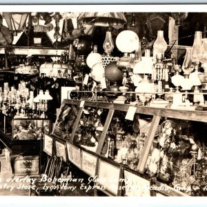 c1940s Arcadia, CA RPPC Antique Store Glass Lamps Dresden Lyon Pony Express A149