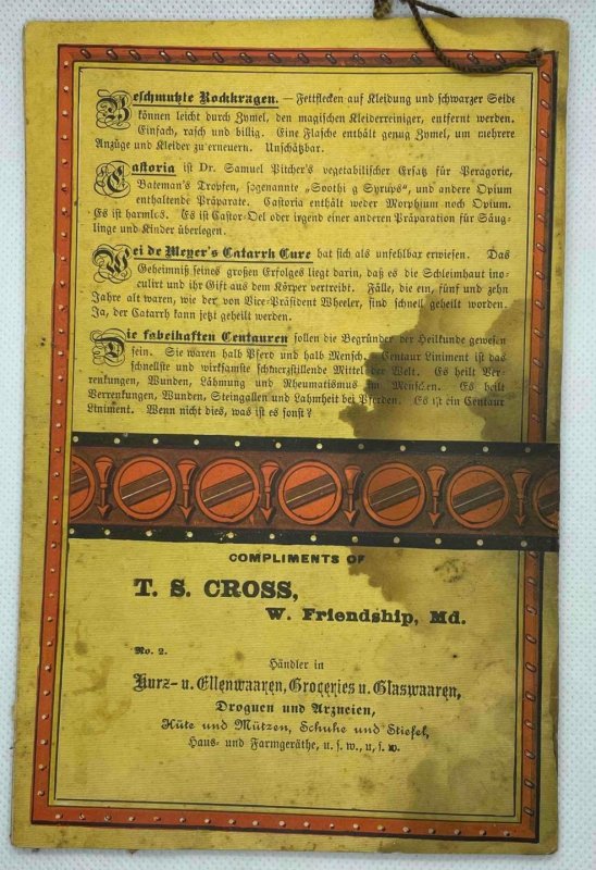 1888 TS CROSS DRY GOODS WEST FRIENDSHIP MD 2 NEW YORK ALMANACS ENGLISH GERMAN
