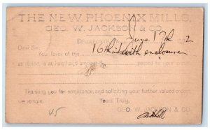 1892 The New Phoenix Mills Geo W. Jackson & Co. Bellefonte PA Postal Card