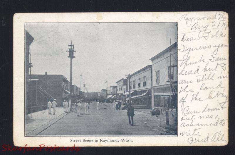 RAYMOND WASHINGTON DOWNTOWN MAIN STREET SCENE ANTIQUE VINTAGE POSTCARD