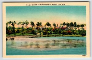 Florida Panama City Sunset On Watson Bayou Water Views Postcard Linen Unposted