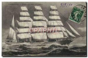 Postcard Old Boat Sailboat Cherbourg Four Mats full sail
