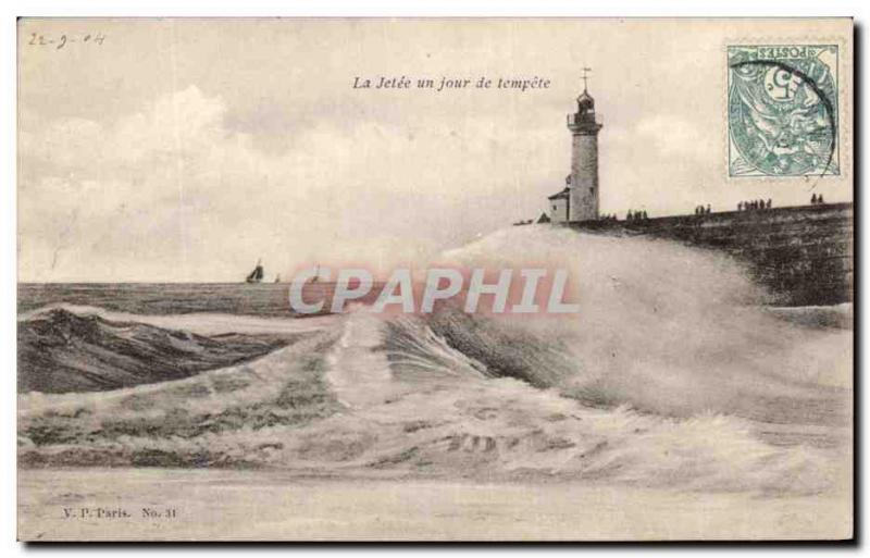 Old Postcard La Jetee A Day Of Storm Lighthouse