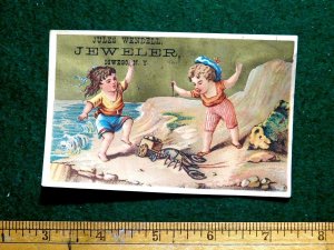 1870s-80s Kids With Lobster Pulling Cart, Jules Wendell Jeweler Trade Card F28