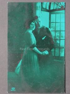 Romance: Young Couple by Window Print in Green, Old RP Postcard by E.A.S. 9870/1