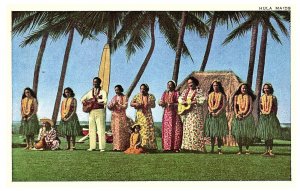Hula Maids Grass Skirts Leis Instruments Surfboard Hawaii Postcard