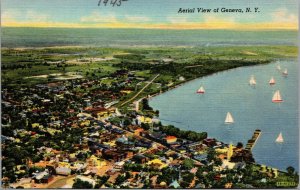 Vtg 1940s Aerial View of Geneva New York NY Linen Postcard