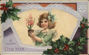 Christmas Children Fancy Girl Plant Pot Embossed c1900s-20s Postcard