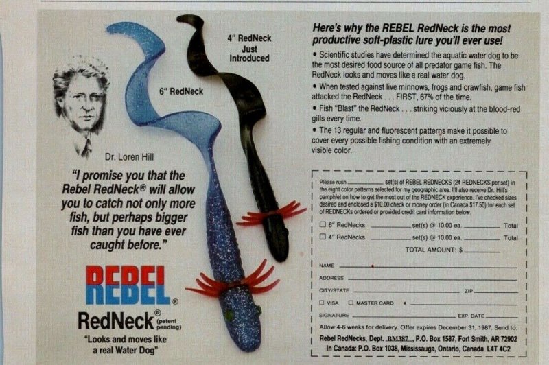 1987 Rebel Redneck Old Fishing Lures Print Ad