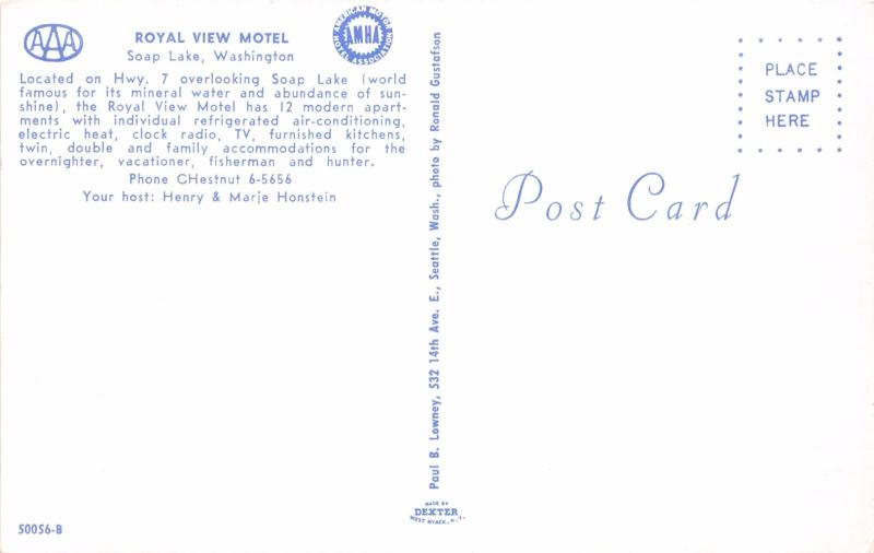 SOAP LAKE WASHINGTON ROYAL VIEW MOTEL~HWY 7~HENRY & MARJE HOSTEIN POSTCARD 1960s