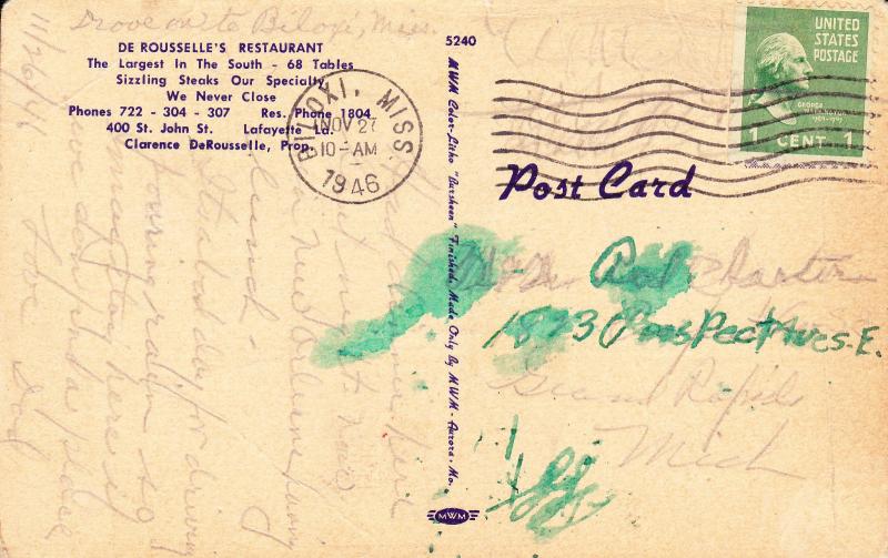 Vintage Postcard De Rousselle's Restaurant Lafayette LA Linen 1946  C18