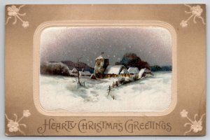 Hearty Christmas Greeting Snow Covered Homestead Farm Scene Postcard K45