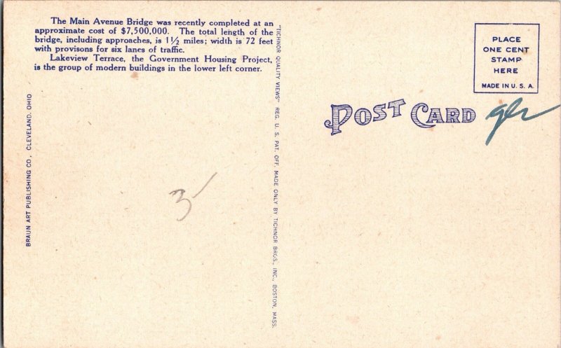 Postcard Main Avenue Bridge Cleveland Ohio Stadium KF13