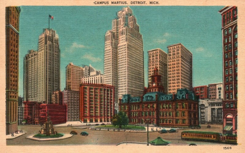 Vintage Postcard 1920's Campus Martius Park Downtown Detroit Michigan MI 