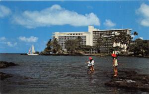 Hilo Bay Hawaii~Naniloa Surf Hotel~Children Fishing~Hotel & Sailboat Bknd~1960s