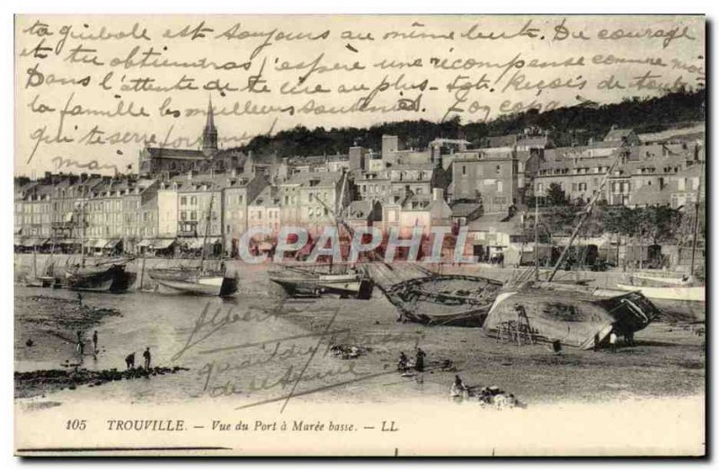 Old Postcard Trouville port view at low tide Boat