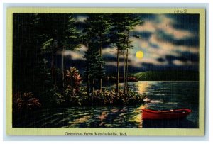 1942 Greetings From Kendallville Indiana IN, Lake Boat Moon Night View Postcard