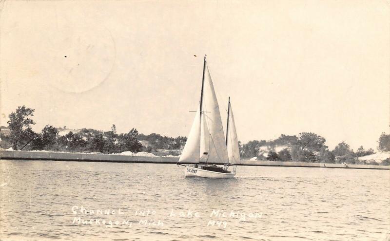 Muskegon-Lake Michigan~Sailboat 38-J197 Sails Down the Channel~RPPC c1909 