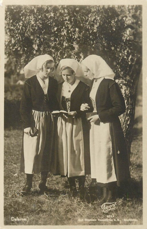 Swedish folk types costumes 1938 photo postcard Sweden stamps block franking