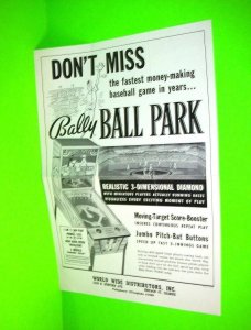 Bally Park Original Baseball Pitch and Bat Game Pinball Machine Flyer 1960