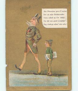 Unused Pre-1902 new year foreign BOY WITH NEWSPAPER BEHIND TALL SKINNY MAN J5491