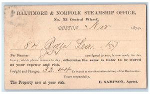 1879 Baltimore & Norfolk Steamship Office Boston Massachusetts MA Postal Card