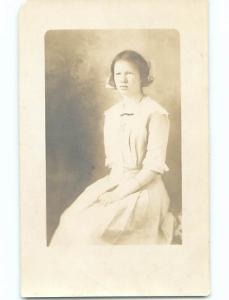 Pre-1918 rppc PRETTY GIRL WITH BOW IN HAIR IN WHITE DRESS r5820