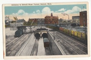 P3190 old postcard train yard boxcars bridge coal sign etc river tunnel detroit