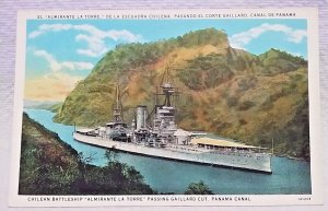 Panama Canal Gaillard Cut Almirante la Torre passing Chilean Battleship postcard