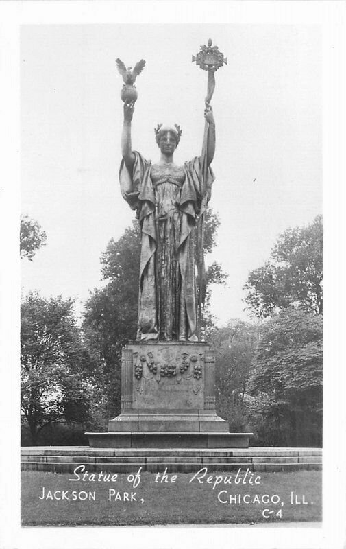 Chicago Illinois Statue Republic Park 1930s RPPC Photo Postcard Groganized 9552