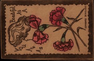 Beautiful Woman Flower Face Fantasy c1905 LEATHER Postcard