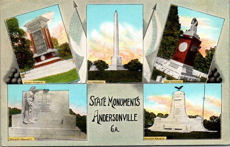 Linen Postcard Multiple Views of State Monuments in Andersonville, Georgia