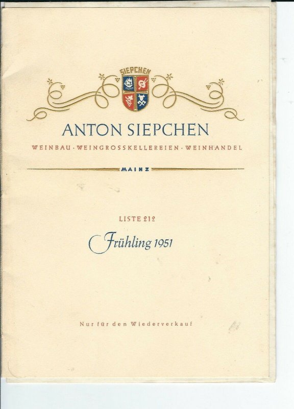 MC-147 - Anton Siepchen Germany Wine List Fruhling 1951 Vintage with Letterhead