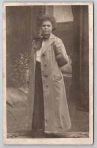 RPPC Young Women Long Coat Portrait Real Photo Postcard M21