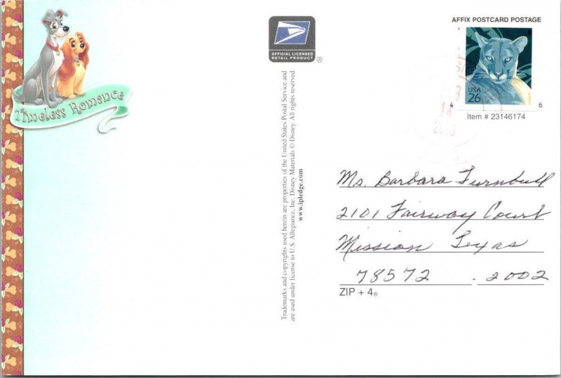 Walt Disney  LADY & THE TRAMP 2008 USPS Stamp Look  MOVIE~Animation 4X6 Postcard