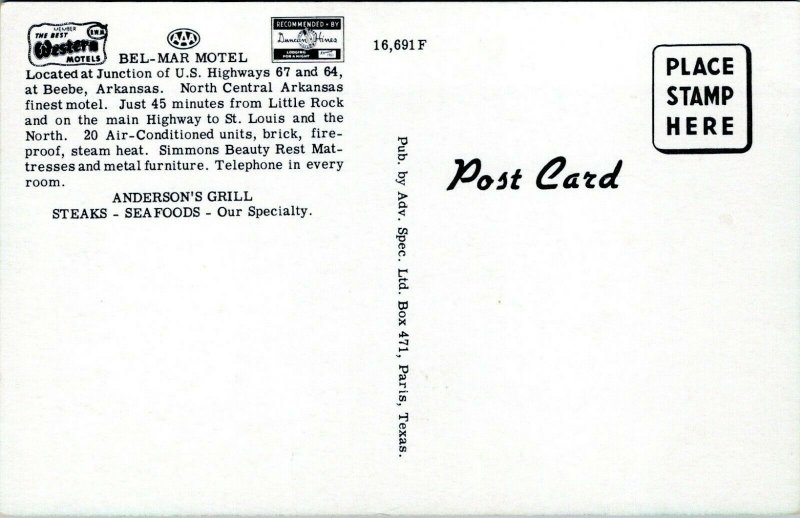 Beebe Arkansas Bel Mar Motel Anderson Grill Esso Gas Station 1950s