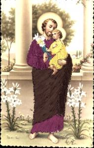 ST JOSEPH HOLDING BABY JESUS~RELIGIOUS SILK WOVEN POSTCARD FROM SPAIN