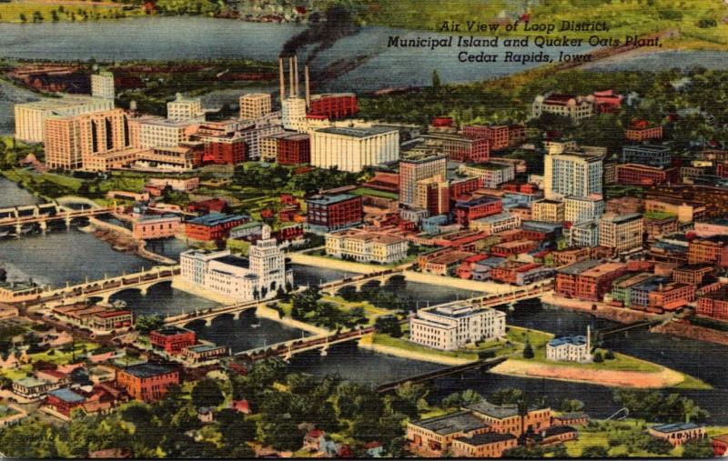 Iowa Cedar Rapids Aerial View Of Loop District Municipal Island and Quaker Oa...