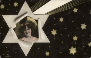 Beautiful Woman in Straw Hat Star Border Studio Tinted Real Photo Postcard